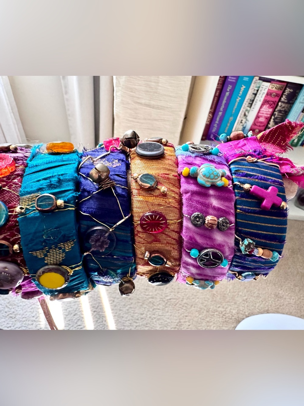 10 Handcrafted Multicolor Silk Wrap Bangles - Vibrant Mixed Colors - Picture 4 of 9
